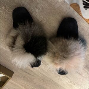 Stuart Weitzman Black Slides with Multicolor Fur Pom Accents